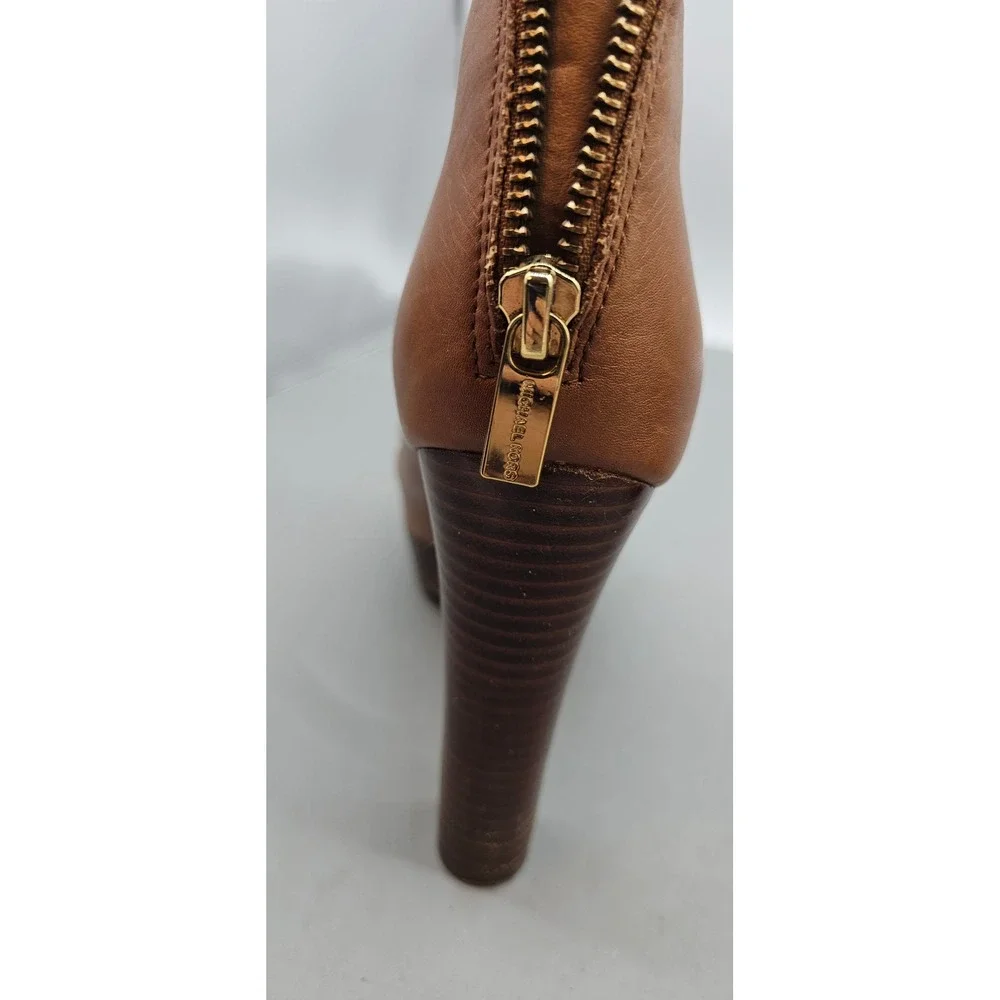 Michael Kors Tan Leather Platform Ankle Boots Rear Zip Block Heel Womens 6.5